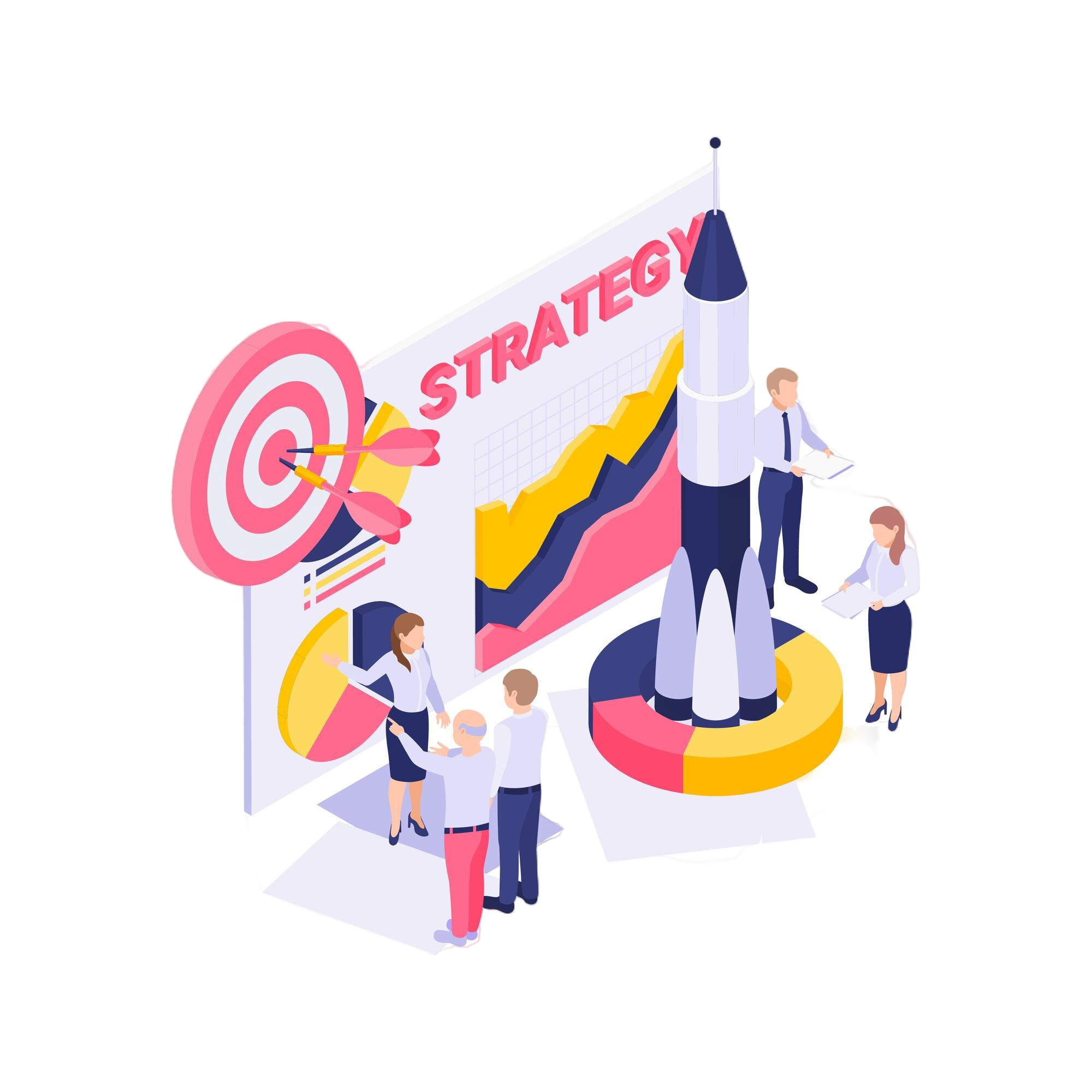 isometric-branding-strategy-concept-with-rocket-target-characters-colorful-diagram-illustration